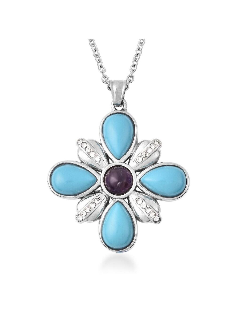 Blue howlite and amethyst cross pendant in stainless steel with chain 20 inches